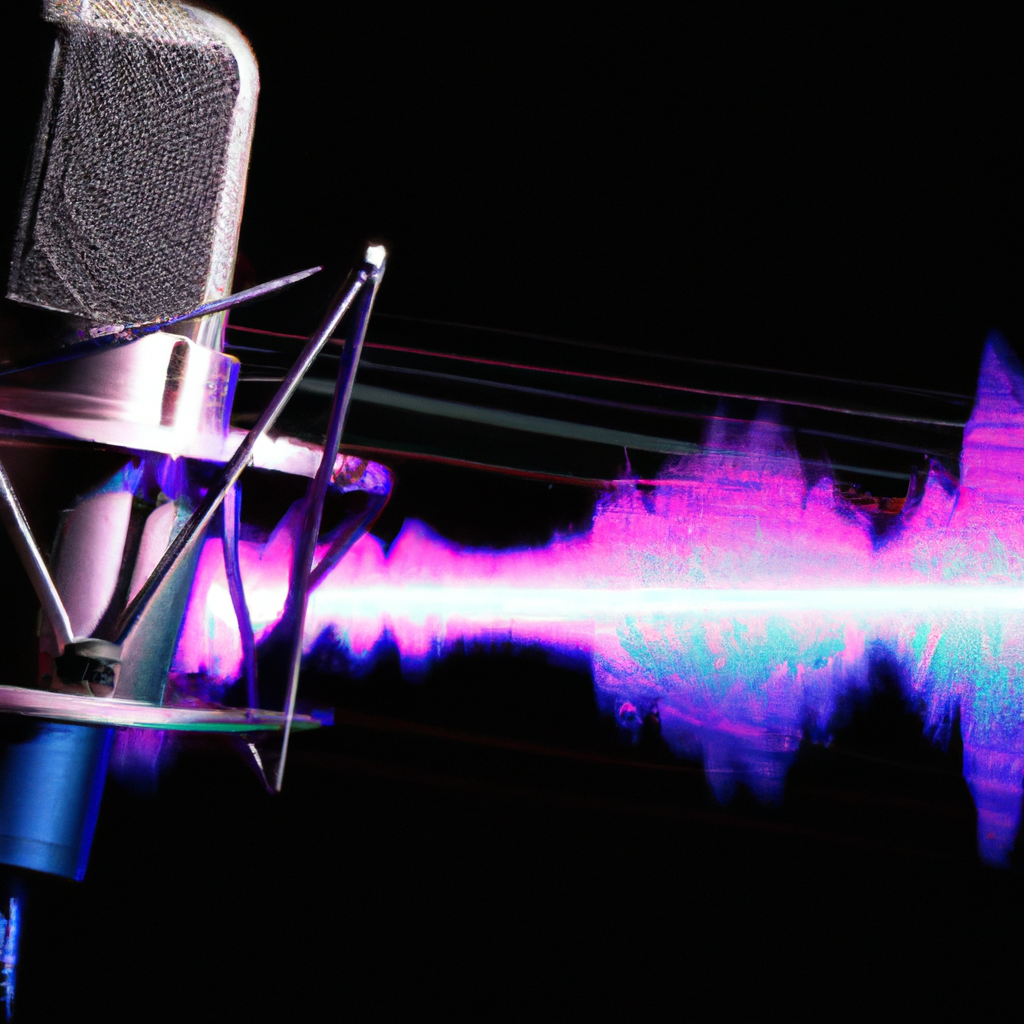 Ondas de sonido y micrófono en un fondo abstracto con alto contraste